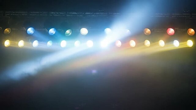 A row of colorful stage lights shines down in a dark performance venue