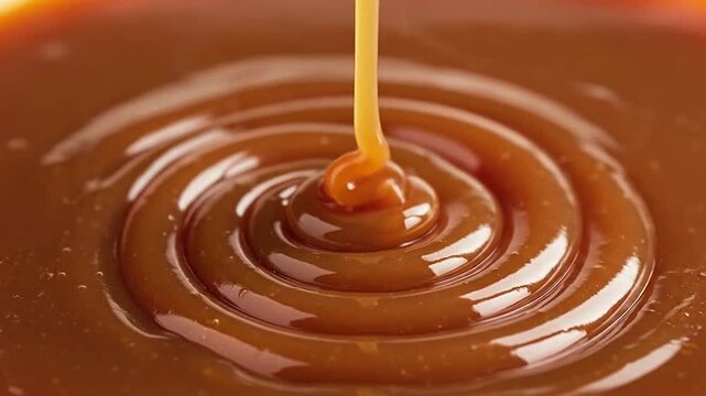 A thick stream of golden brown liquid caramel pours into a smooth pool