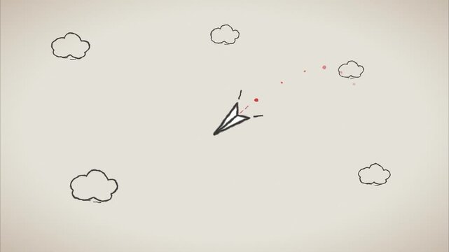 Hand drawn paper plane flying through clouds with dotted path minimalist charcoal sketch on vintage paper background for creative journey and business progress