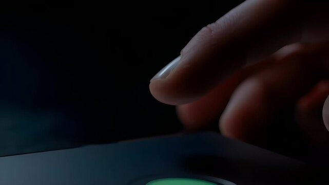 Close-up of finger pressing green button on electronic device
