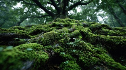 Obraz premium Majestic Tree Roots Covered in Lush Green Moss in a Dense Forest Setting