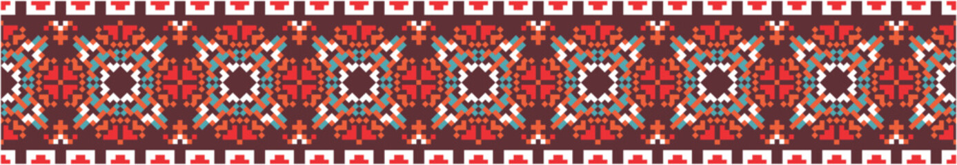 Geometric textile decorative pattern vector illustration design featuring floral motifs in teal, turquoise, and white with cross-stitch style for fabric, embroidery, and cultural art resources © Hassan