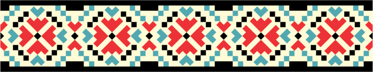 Geometric textile decorative pattern vector illustration design featuring floral motifs in teal, turquoise, and white with cross-stitch style for fabric, embroidery, and cultural art resources © Hassan