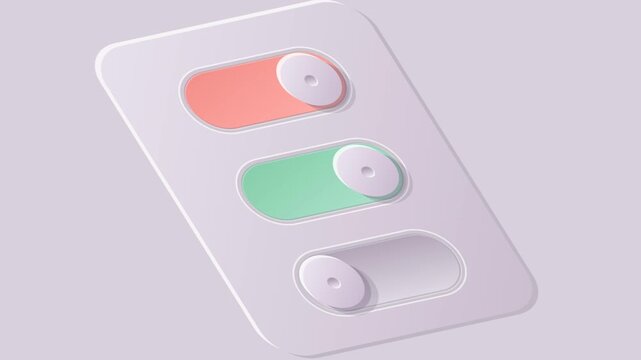 Animated 3D toggle switches changing states from on to off in a clean neumorphic user interface design
