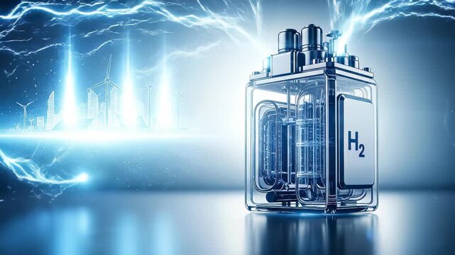 Hydrogen energy system, powering clean sustainable infrastructure, demonstrating future technology, visualizing ecological electricity production, featuring zero emission process.
