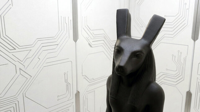 Set Egyptian trickster god statue in a futuristic setting