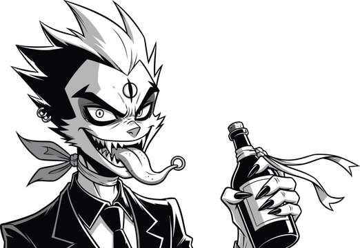Cartoon monster character with sharp teeth holding a bottle of liquor in his hand