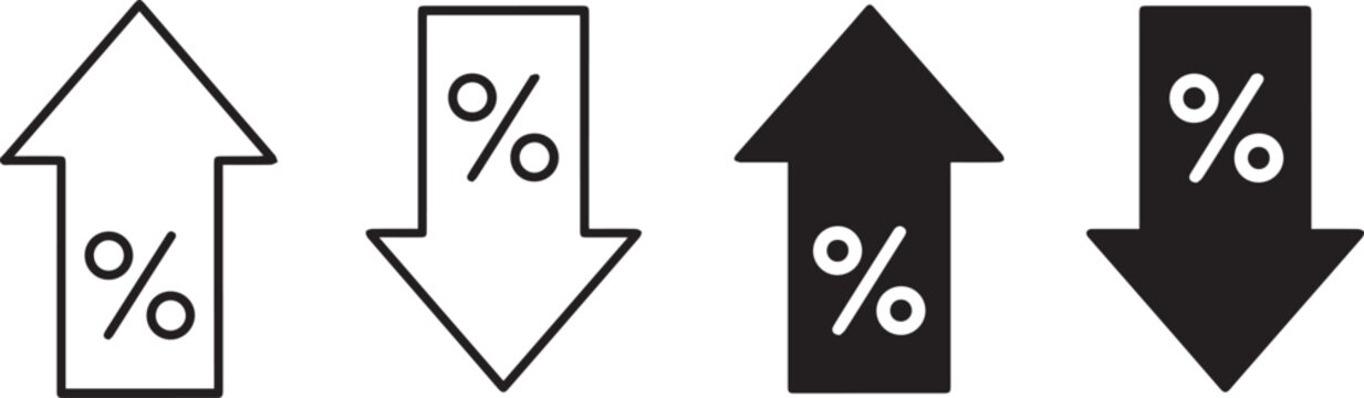 Set of percentage arrow icons, including up and down variations in outline and solid styles