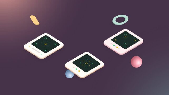 3D Isometric Animation of Stylized Digital Tablets and UI Interface with Floating Geometric Shapes on Purple Gradient