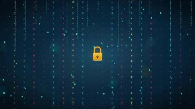 Digital Security Concept with Golden Padlock Icon and Falling Data Stream on Dark Blue Background