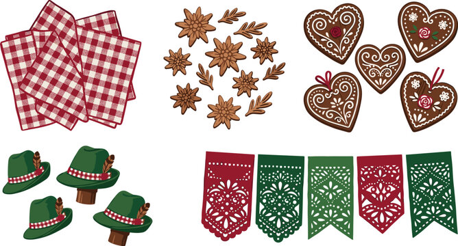 Oktoberfest Vector Icon Set with German Alpine Hats Gingerbread Hearts Gingham Pattern Napkins Edelweiss Flowers and Traditional Festive Bunting Garlands