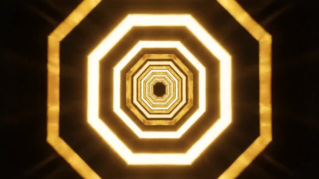 Abstract golden glowing octagonal geometric tunnel with light trails.
