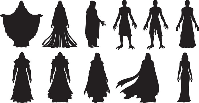 Collection of eleven black silhouette illustrations featuring dark hooded figures, robed sorcerers, mysterious occult characters, and ghostly creatures with capes, cloaks, and talons on white.