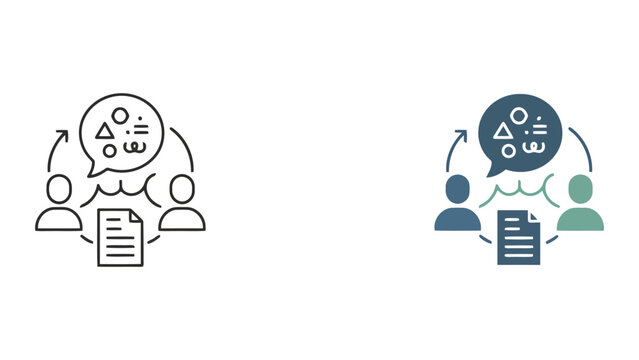 Creative brainstorming and documentation exchange icons with speech bubbles and file symbols for team collaboration and knowledge sharing in professional vector graphic style