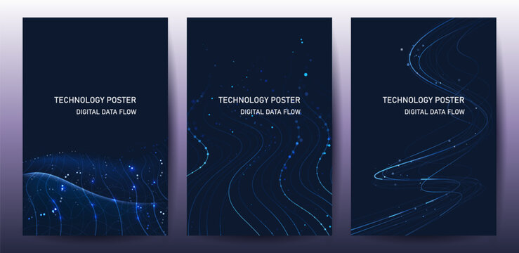 Technology Banner Poster set. Futuristic digital data wave glowing lines. Data science concept tech banner, corporate business presentation or booklet technology