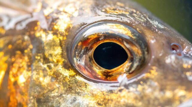 Extreme close-up of a fish eye with golden scales and intricate details