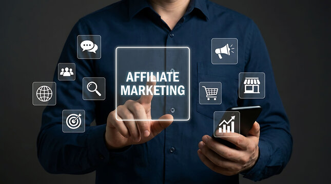 Affiliate marketing concept with businessman touching screen and holding smartphone