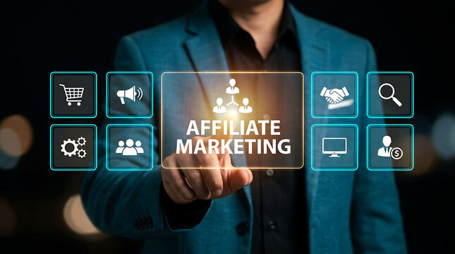 Affiliate Marketing Business concept with Icons and Man in Suit
