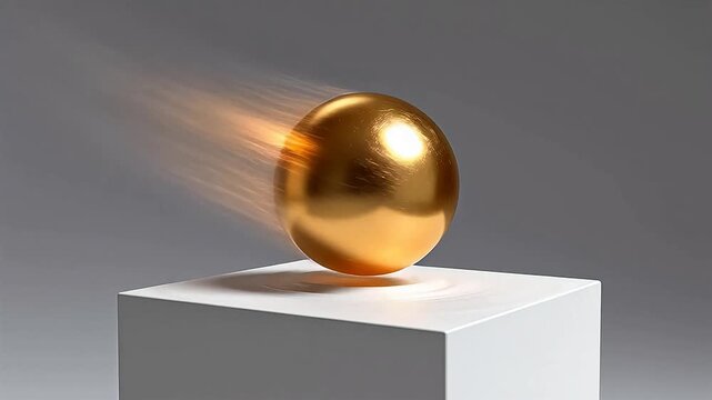 Golden metallic sphere with motion trails suspended over white cube