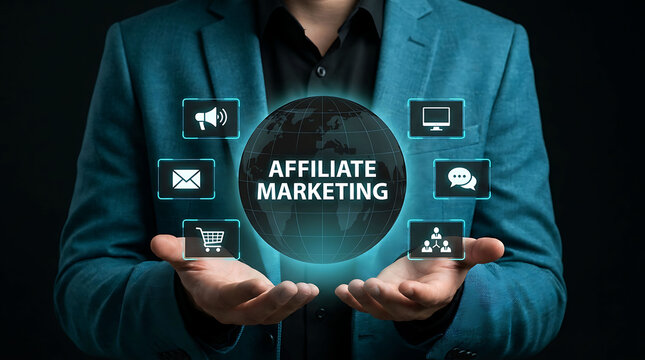 Affiliate Marketing Global Digital Network Concept Businessman Holding Hologram