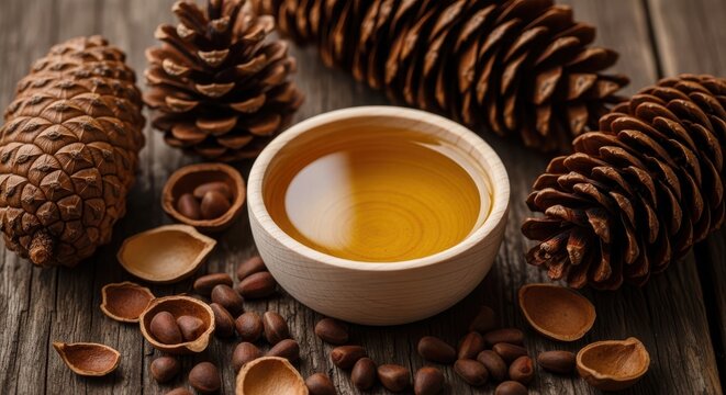 Bowl of pine nut oil surrounded by pine cones and pine nuts on a rustic wooden background