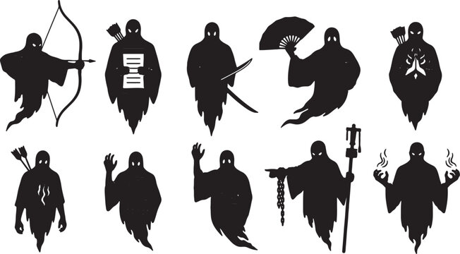 Silhouette set of ten spectral ghost warriors and fantasy spirits featuring an archer, swordsman, mage, and monk characters with traditional weapons and mystical powers.