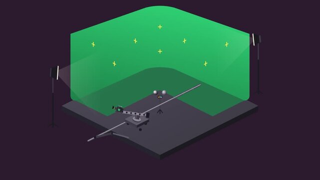 Isometric animation of a film studio camera on a slider moving in front of a green screen with tracking marks for VFX.