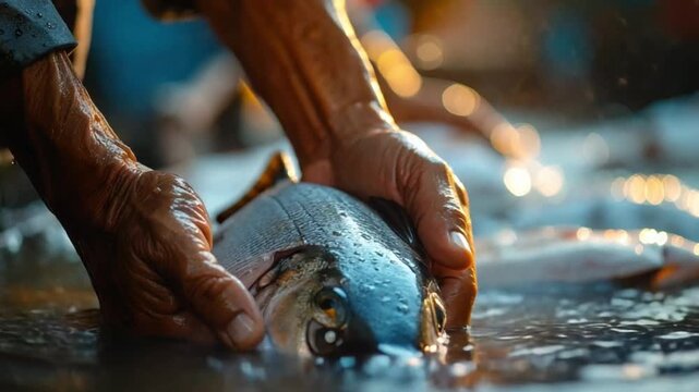 Fisherman's hands gently hold a fresh catch in glistening water