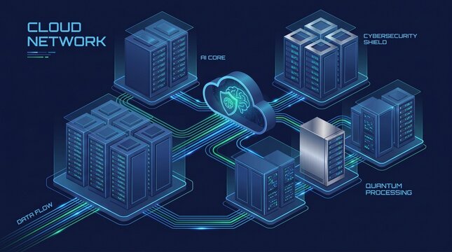 Blue isometric network diagram illustrating a cloud data center with an AI core and quantum processing units. Cybersecurity shield protection over a tech infrastructure vector graphic