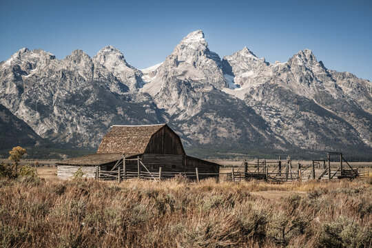 Mormon Barn Snow Mountain Natural Scenery in Grand Teton National Park, USA