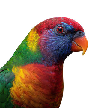 Closeup portrait of a vibrant rainbow lorikeet parrot, showcasing its colorful plumage, bright orange beak, and expressive eye, isolated on transparent background