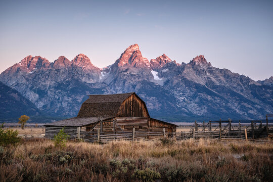 Sunrise in the snow-capped mountains of Grand Teton National Park, USA
