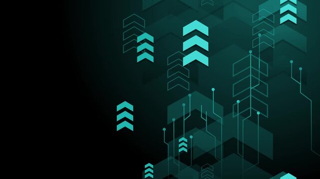 Abstract dark tech background with upward arrows and geometric hexagonal circuitry pattern animation