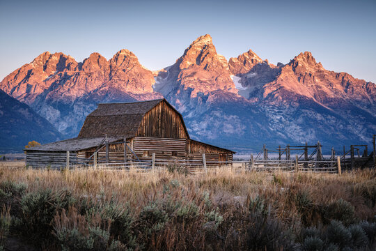 Sunrise in the snow-capped mountains of Grand Teton National Park, USA