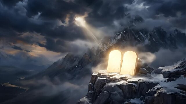 Glowing Stone Tablets on a Misty Mountain Peak Top