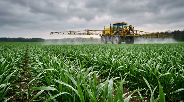 Yellow agricultural tractor pulling sprayer boom across vibrant green young wheat field under dramatic overcast sky during early spring season farming activity for crop protection growth.