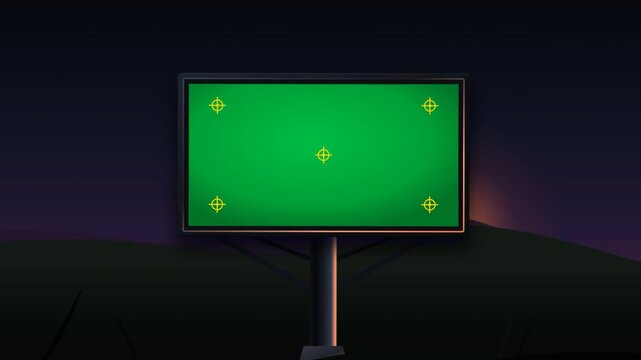 Green screen billboard with tracking points at night in a rural field with sunset glow