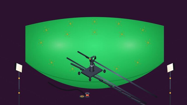 Professional film studio camera on dolly slider moving in front of green screen with tracking markers for visual effects production.