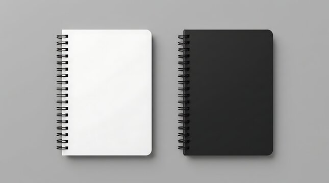 Realistic notebook. mockup of spiral journal. Hardcover notepad with coil. template of black and white stationery diary. Reusable book for writing. Blank mock for branding. Notepad for sketch