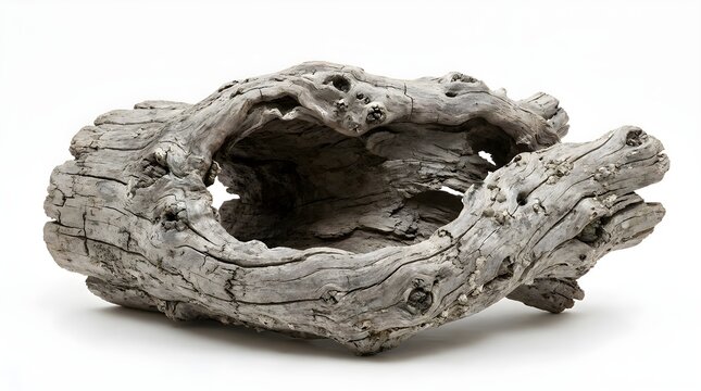 Gnarly weathered driftwood log with hollow interior, isolated on  white background 8k 
