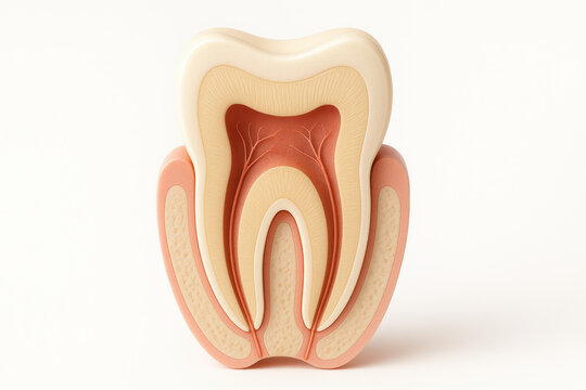 Detailed cross section of human tooth anatomy showing enamel dentin pulp chamber root canal nerve pathway layers ivory rose tones clean white background