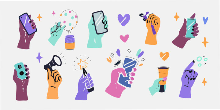 Illustrated Hands Holding Objects Colorful Vector Graphic Collection