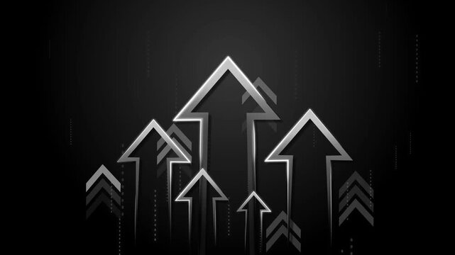 Glowing arrows pointing upward on dark gradient background animation, futuristic business growth concept, neon outlines and motion effects