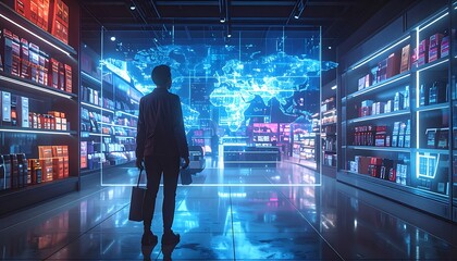 Obraz premium Man looking at futuristic store display.