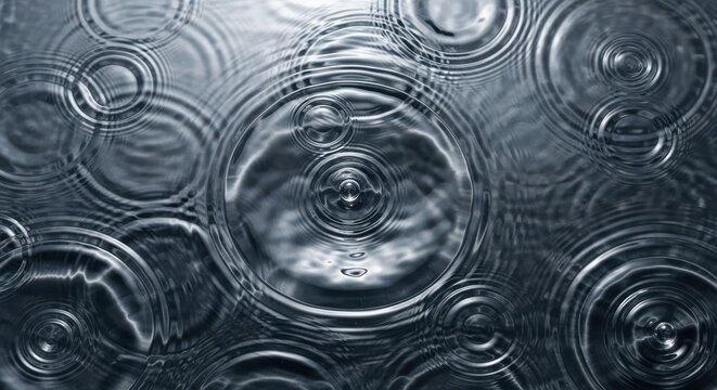 Abstract background of water ripples from raindrops falling on a dark liquid surface creating concentric circles and wave patterns