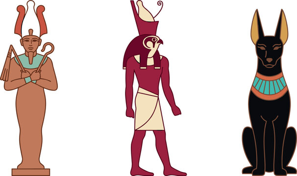 Ancient Egyptian deity vector set featuring Osiris Horus and sitting Anubis jackal illustrations for cultural education graphics.