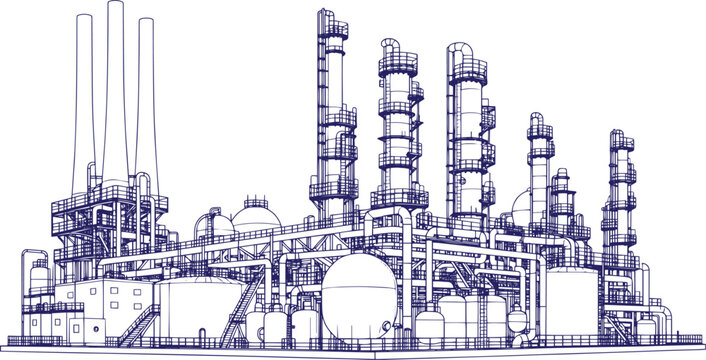 Oil Refinery Industrial Complex with Pipelines, Storage Tanks and Chimneys &ndash; Technical Engineering Line Art Vector Illustration