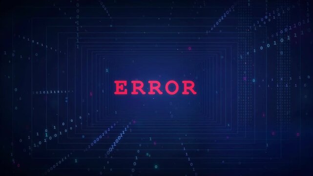Digital system failure animation with red error text and binary code on dark blue background