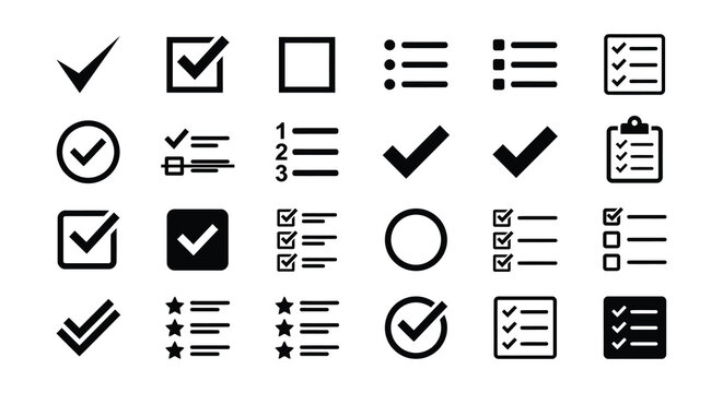 Checkmark And List Icons Flat Vector Symbols On White Background