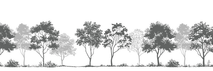 Architectural CAD tree outline set, wetland forest elevation drawings, minimal side view landscape elements for planning and design. © AYAT 01